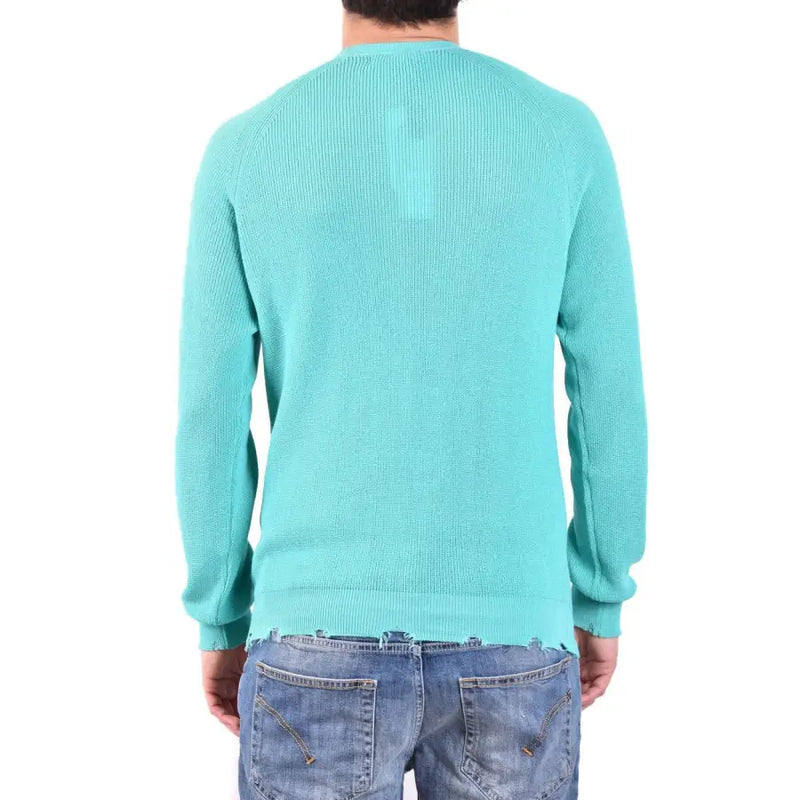 Laneus men knitwear green long round neck cotton teal ribbed knit sweater with crew neck and raglan sleeves