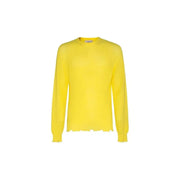 Laneus men yellow round neck cotton knitwear sweater with long sleeves and frayed hem, front view