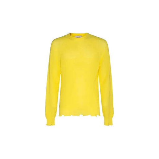 Laneus men yellow round neck cotton knitwear sweater with long sleeves and frayed hem, front view