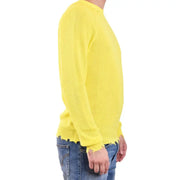 Laneus men yellow round neck cotton knitwear sweater with bright yellow long sleeves and distressed frayed hem and cuffs