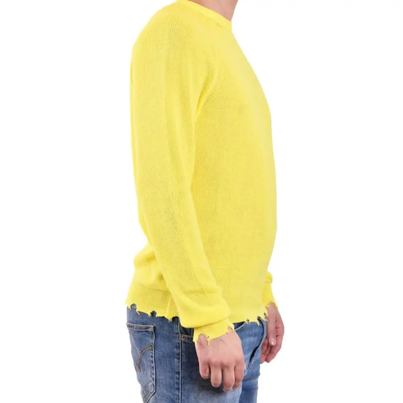 Laneus men yellow round neck cotton knitwear sweater with bright yellow long sleeves and distressed frayed hem and cuffs
