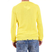 Laneus men yellow round neck cotton sweater with bright yellow ribbed knit and distressed hem