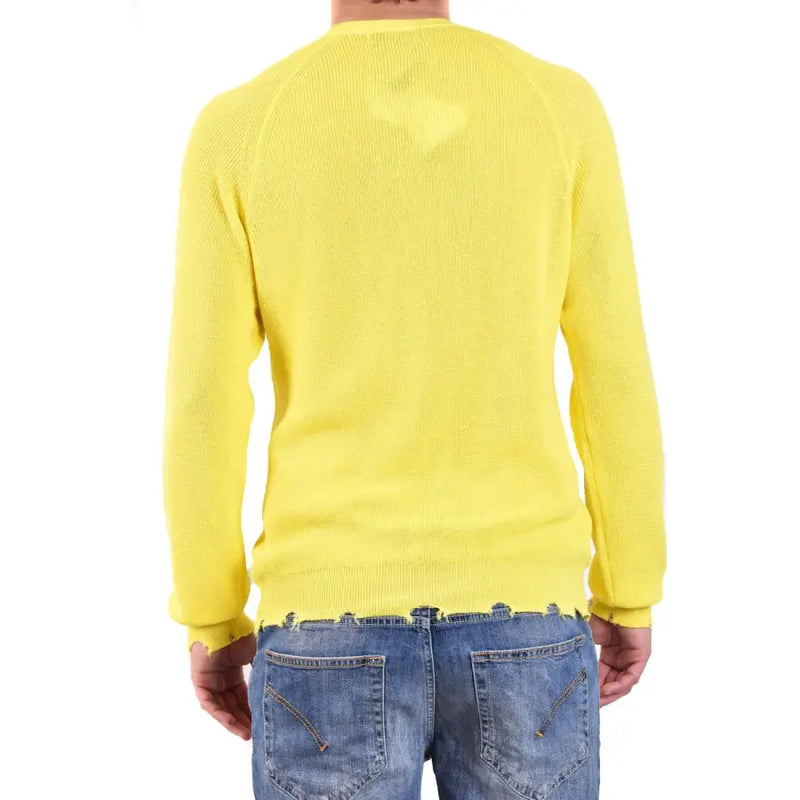 Laneus men yellow round neck cotton sweater with bright yellow ribbed knit and distressed hem