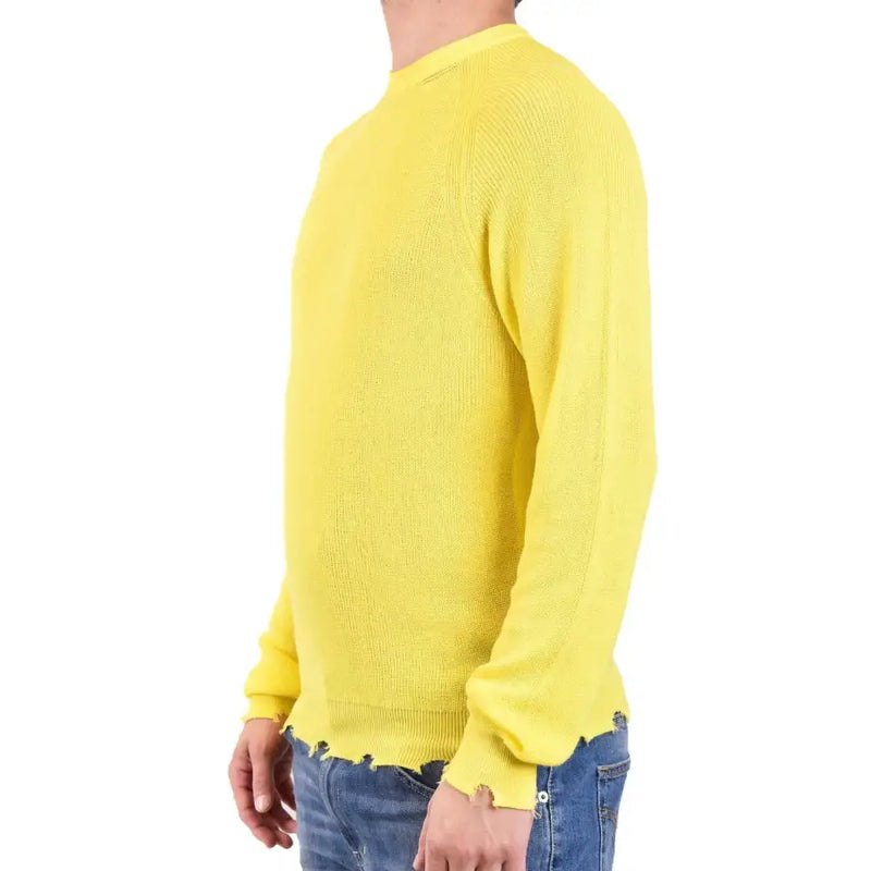 Laneus men yellow cotton knitwear sweater with ribbed texture and distressed frayed hem and cuffs