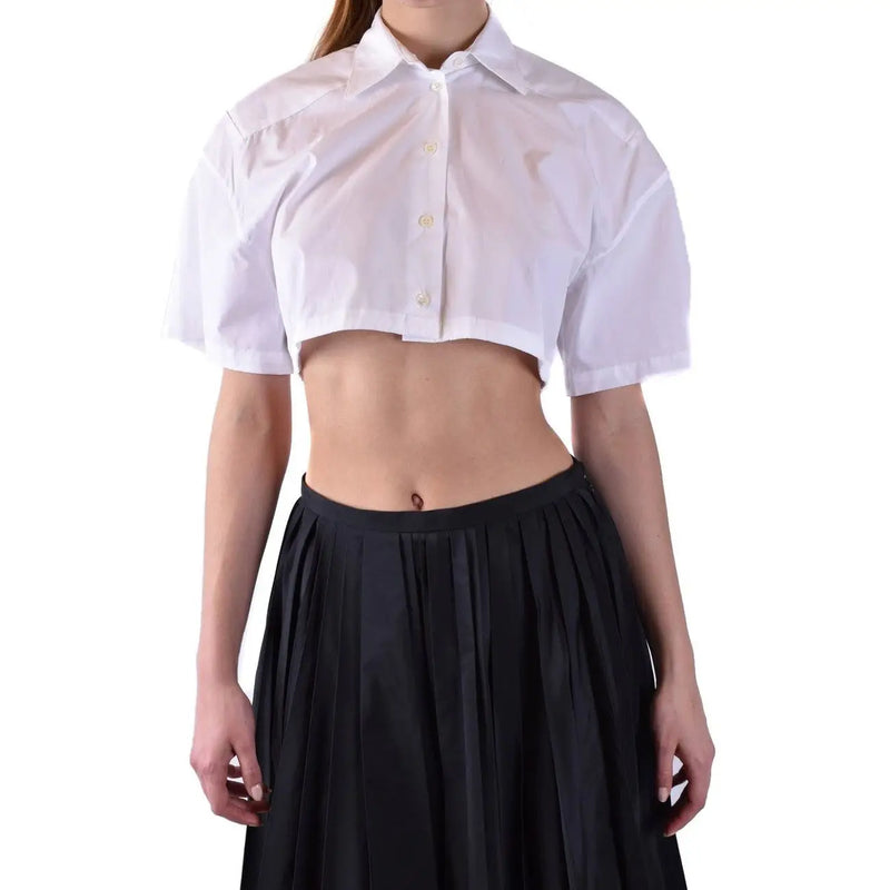 Laneus women white cotton blouse featuring a cropped button-up design with short sleeves and a classic collar