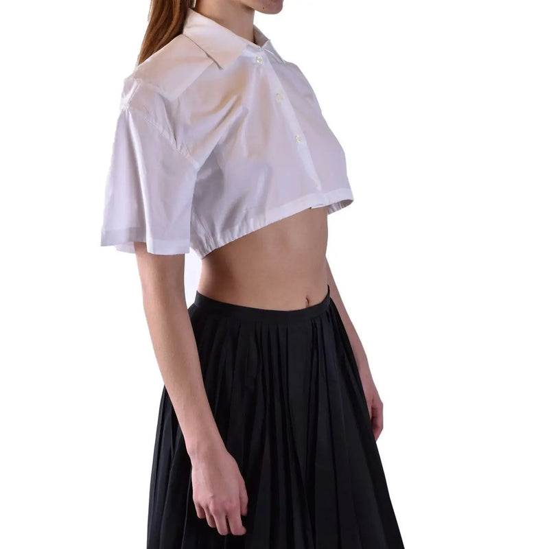 Laneus women white cotton cropped button up shirt with short sleeves and classic collar for casual wear