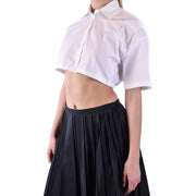 Laneus women white cotton cropped short-sleeved button-up shirt with classic collar and subtle sheen