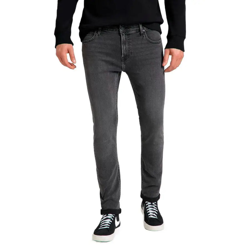 Lee men black dark gray slim-fit denim jeans with five-pocket design and subtle fading for fall winter wear