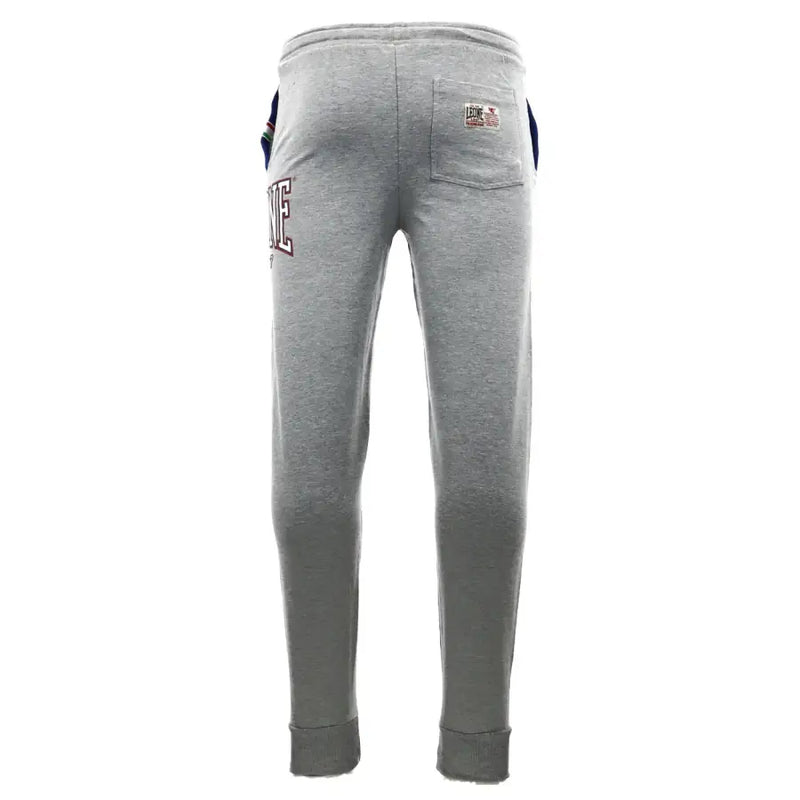 Leone 1947 men trousers in gray heathered fabric with ribbed cuffs and waistband and maroon white logo embroidery
