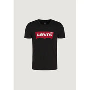 Levis men black printed cotton round neck t shirt with bold red and white logo across the chest
