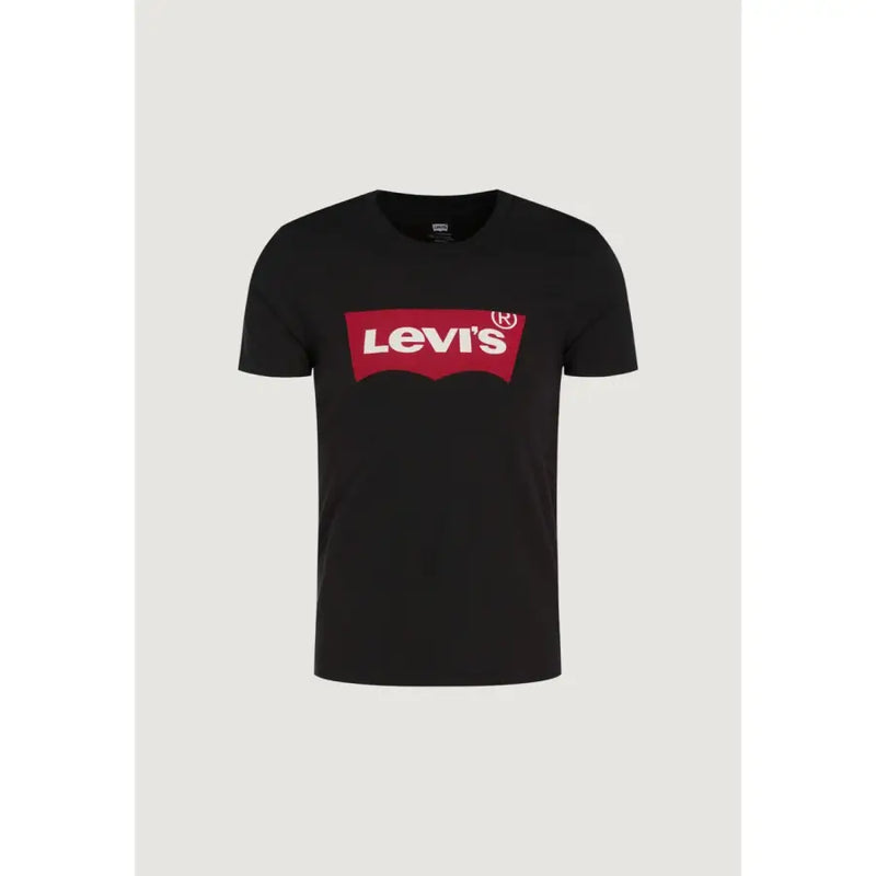 Levis men black printed cotton round neck t shirt with bold red and white logo across the chest