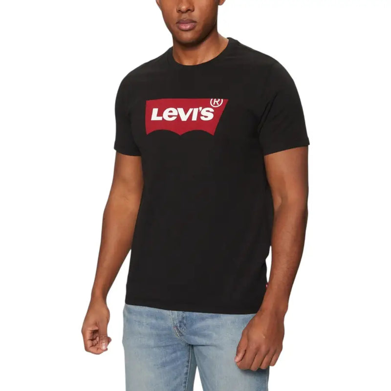 Levis men black printed cotton round neck t shirt with bold red and white logo on the chest