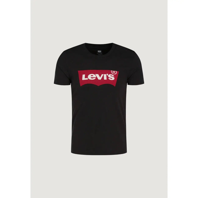 Levis men black printed cotton round neck t shirt with bold red and white logo across the chest