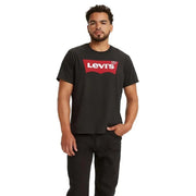 Levis men black printed cotton round neck t shirt with bold red rectangular logo and white lettering on front
