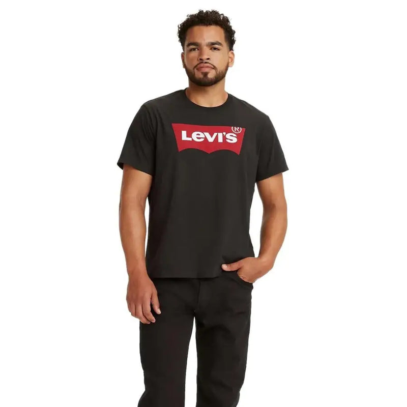 Levis men black printed cotton round neck t shirt with bold red rectangular logo and white lettering on front