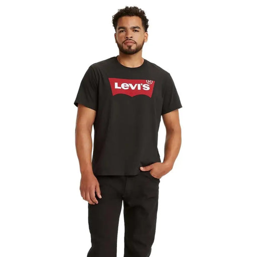 Levis men black printed cotton round neck t shirt with bold red rectangular logo and white lettering on front