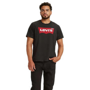 Levis men black printed cotton round neck t shirt with bold red rectangular logo and white lettering on front