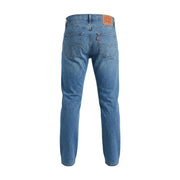 Levi’s men blue denim jeans with classic five-pocket design cotton stretch slim fit showing back side with leather patch