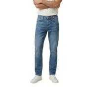 Levi’s men blue denim jeans cotton stretch slim fit in classic medium wash with straight-leg cut and standard front pockets