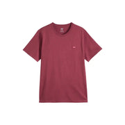 Ein bordeauxrotes Levi's Herren-Baumwoll-T-Shirt mit Rundhalsausschnitt, kurzen Ärmeln und einem kleinen, gestickten Logo auf der linken Brust.