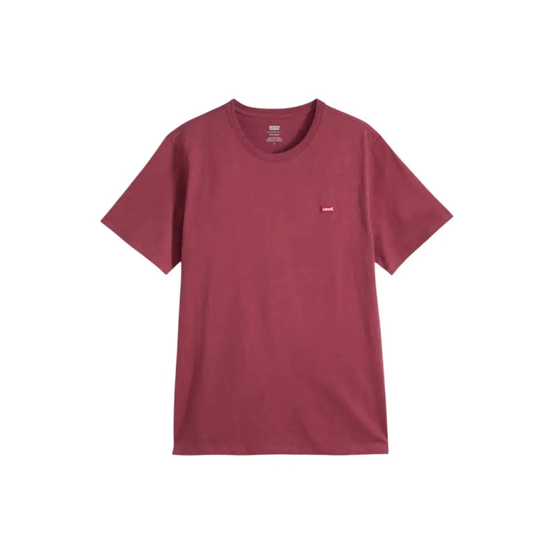 Ein bordeauxrotes Levi's Herren-Baumwoll-T-Shirt mit Rundhalsausschnitt, kurzen Ärmeln und einem kleinen, gestickten Logo auf der linken Brust.