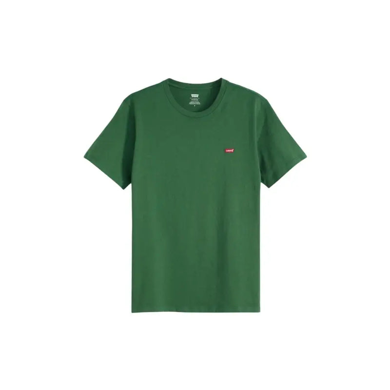 A dark green Levi’s men t shirt with short sleeves, round neck, small red logo, made of 100% cotton