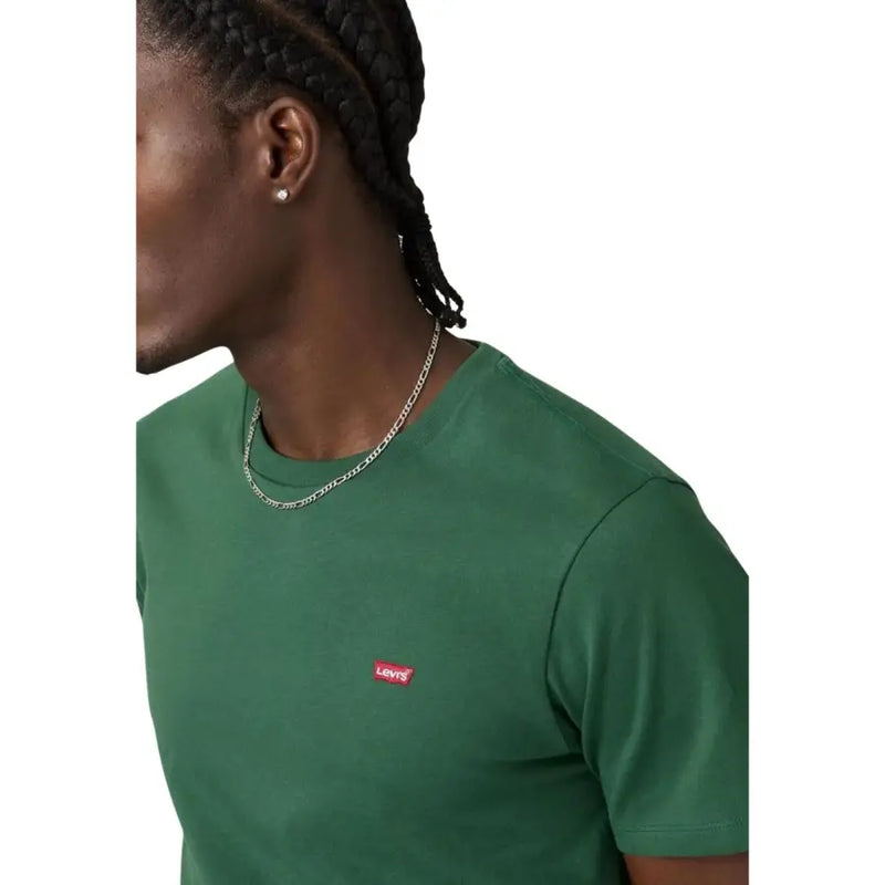 Levis men t shirt green short round neck 100% cotton with red logo patch on the chest