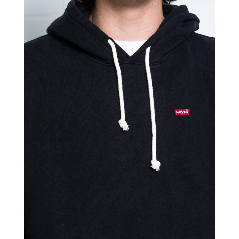 Sweat à capuche Levi's pour homme, en coton noir, avec cordons de serrage blancs et logo rouge sur la poitrine.