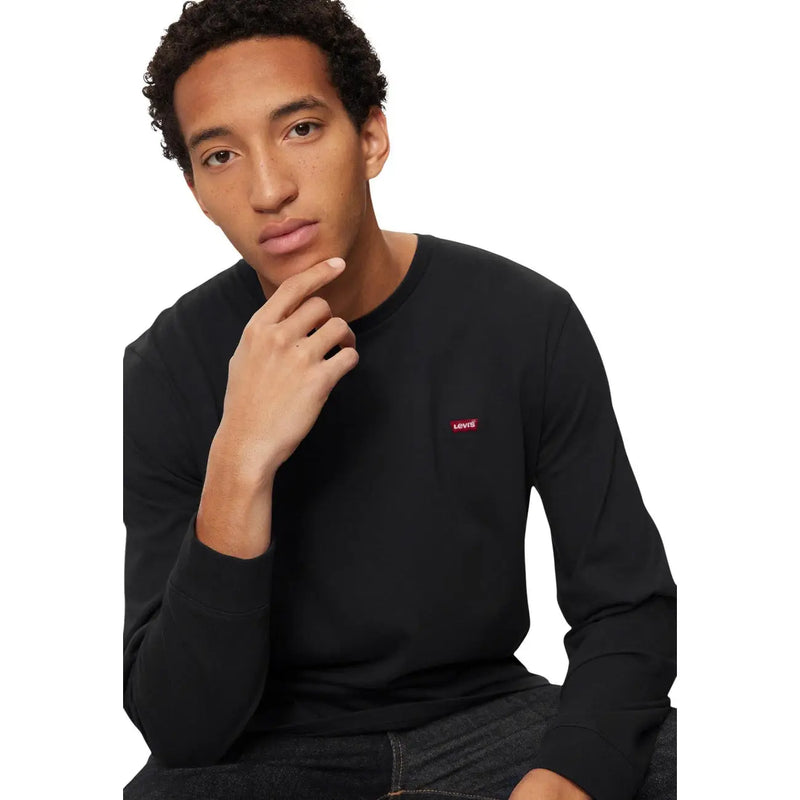 Levis mens black long-sleeved cotton crewneck tee with small red logo on left chest for casual wear