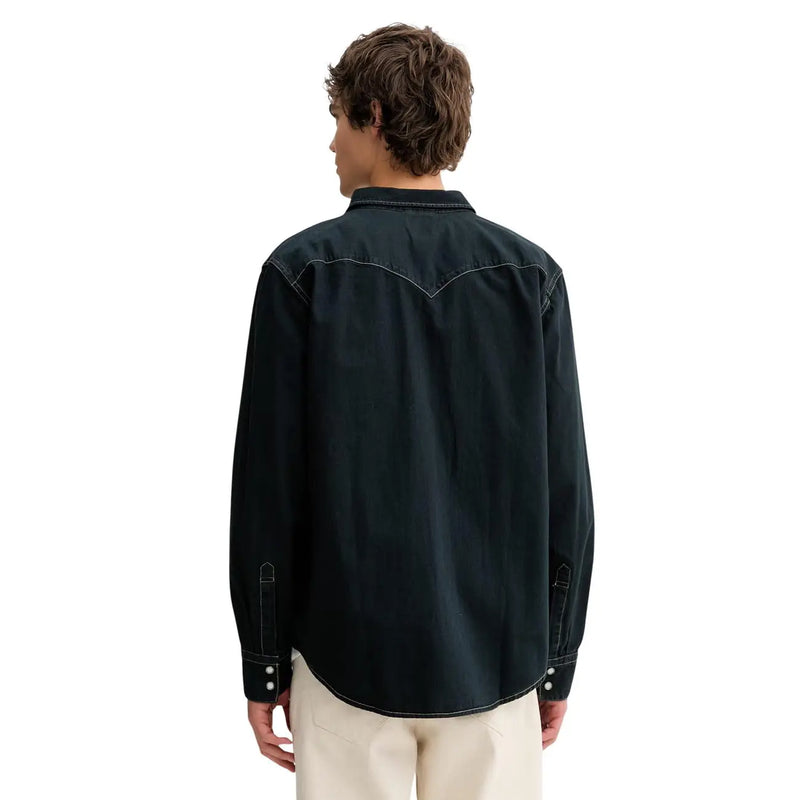 Levis mens black cotton denim shirt with contrasting white stitching and buttoned cuffs long sleeve classic design