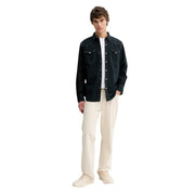 Levis mens black cotton denim shirt with classic white stitching and button closures long sleeve design