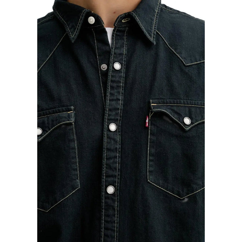 Levis mens black cotton denim shirt with white stitching silver buttons classic western collar and chest pockets