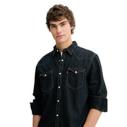 Levis mens black cotton denim shirt with white stitching silver buttons western collar and two chest pockets