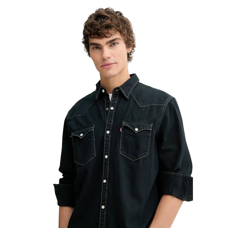 Levis mens black cotton denim shirt with white stitching silver buttons western collar and two chest pockets