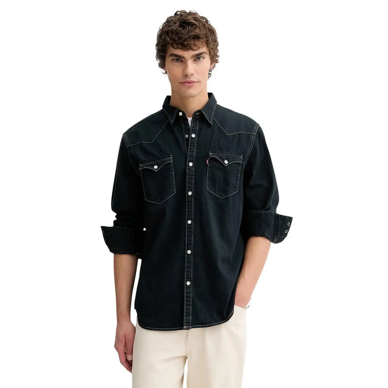 Levis mens black cotton denim western-style shirt with white stitching and buttoned chest pockets