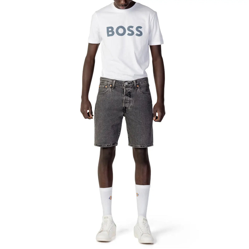 Levis men’s black cotton shorts paired with a white boss t-shirt featuring a gray logo for spring and summer