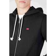 Levis mens black cotton zip up sweatshirt hoodie with white drawstrings and a red logo patch on the front
