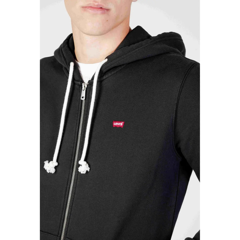Levis mens black cotton zip up sweatshirt hoodie with white drawstrings and a red logo patch on the front