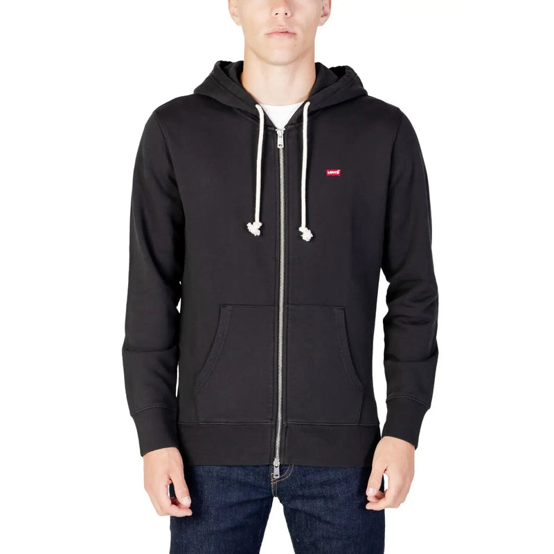 Levis mens black cotton zip up sweatshirt hoodie with white drawstrings and red logo on the chest