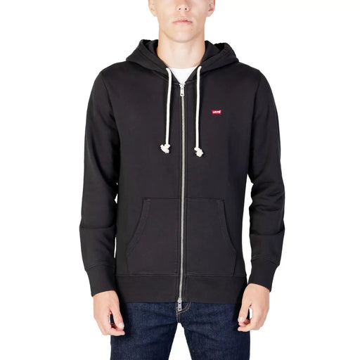 Schwarzer Levi's Herren-Sweatshirt-Hoodie aus Baumwolle mit Reißverschluss, weißen Kordelzügen und rotem Logo auf der Brust