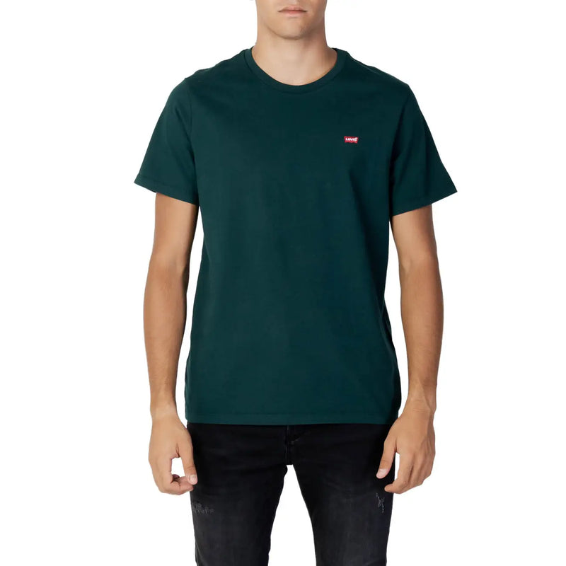 Levis mens green cotton t shirt with round neck and small red logo on the left chest