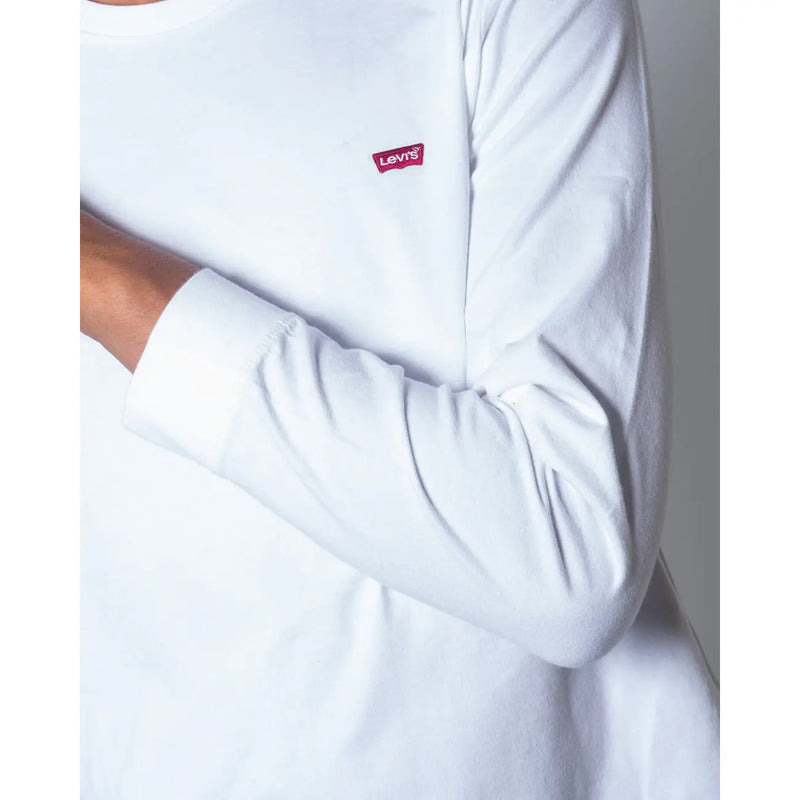 Levis mens white cotton long sleeve t shirt with red logo patch on the chest made from soft cotton fabric