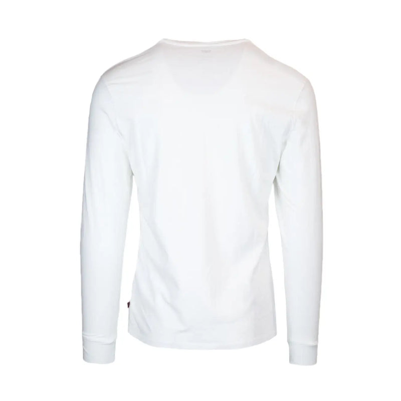 Levis men’s white long sleeve cotton t shirt with print features a simple crew neck and subtle ribbed cuffs