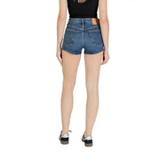 Back side of levis women blue cotton blend fall winter shorts with classic levi’s logo patch on waistband
