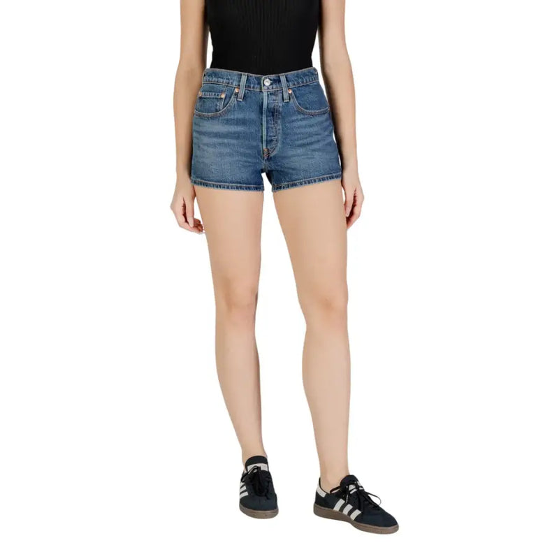 Levis Women Blue Cotton Blend Fall Winter Shorts with high-waisted denim and black tank top