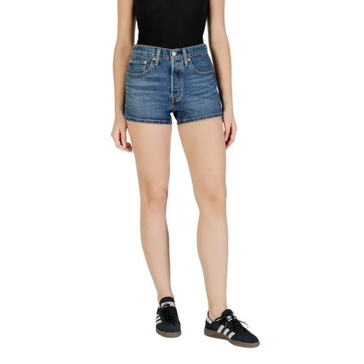 Levis Women Blue Cotton Blend Fall Winter Shorts with high-waisted denim and black tank top