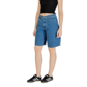 Blue denim knee-length high-waist shorts with zipper and button closure for women