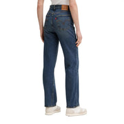 Back side of levis women blue denim cotton jeans regular fit with dark blue five-pocket design and red levi’s logo