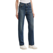 Levis women blue denim cotton jeans regular fit high-rise straight-leg medium-wash with classic stitching and vintage fade