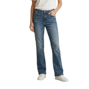 Jean Levi's pour femme en denim bleu, coupe droite classique et délavage subtil, en mélange de coton usé.